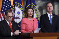 House Speaker Nancy Pelosi of Calif., center, flanked by House Judiciary Committee Chairman Rep. Jerrold Nadler, D-N.Y., left, and House Intelligence Committee Chairman Rep. Adam Schiff, D-Calif., speaks during a news conference to announce impeachment managers on Capitol Hill in Washington, Wednesday, Jan. 15, 2020. The U.S. House is set to vote Wednesday to send the articles of impeachment against President Donald Trump to the Senate for a landmark trial on whether the charges of abuse of power and obstruction of Congress are grounds for removal. (AP Photo/Susan Walsh)