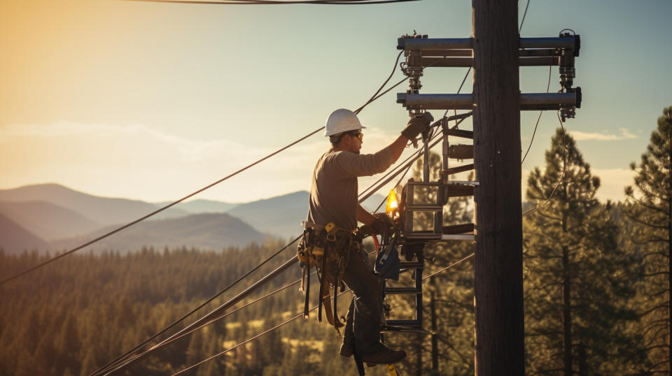 A technician repair a high voltage transmission line in a rural area.