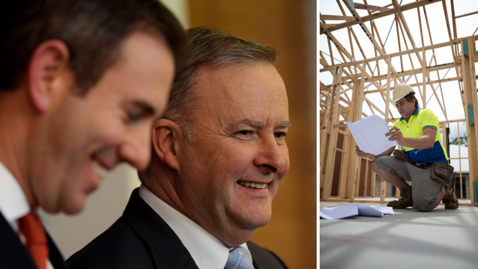 Australian Prime Minister Anthony Albanese Treasurer Jim Chalmers, and a foreman on a housing construction site