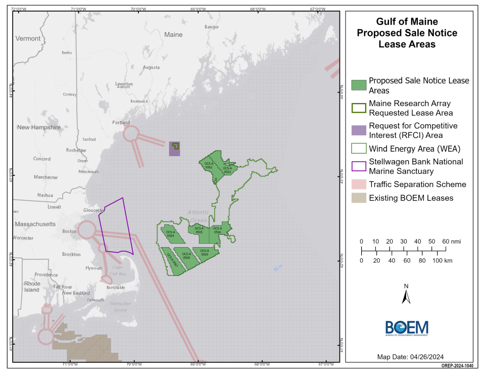 This map, created by the federal Bureau of Ocean Energy Management, shows the proposed offshore wind lease areas in the Gulf of Maine. Three are due east of the Cape Cod towns of Truro and Wellfleet.