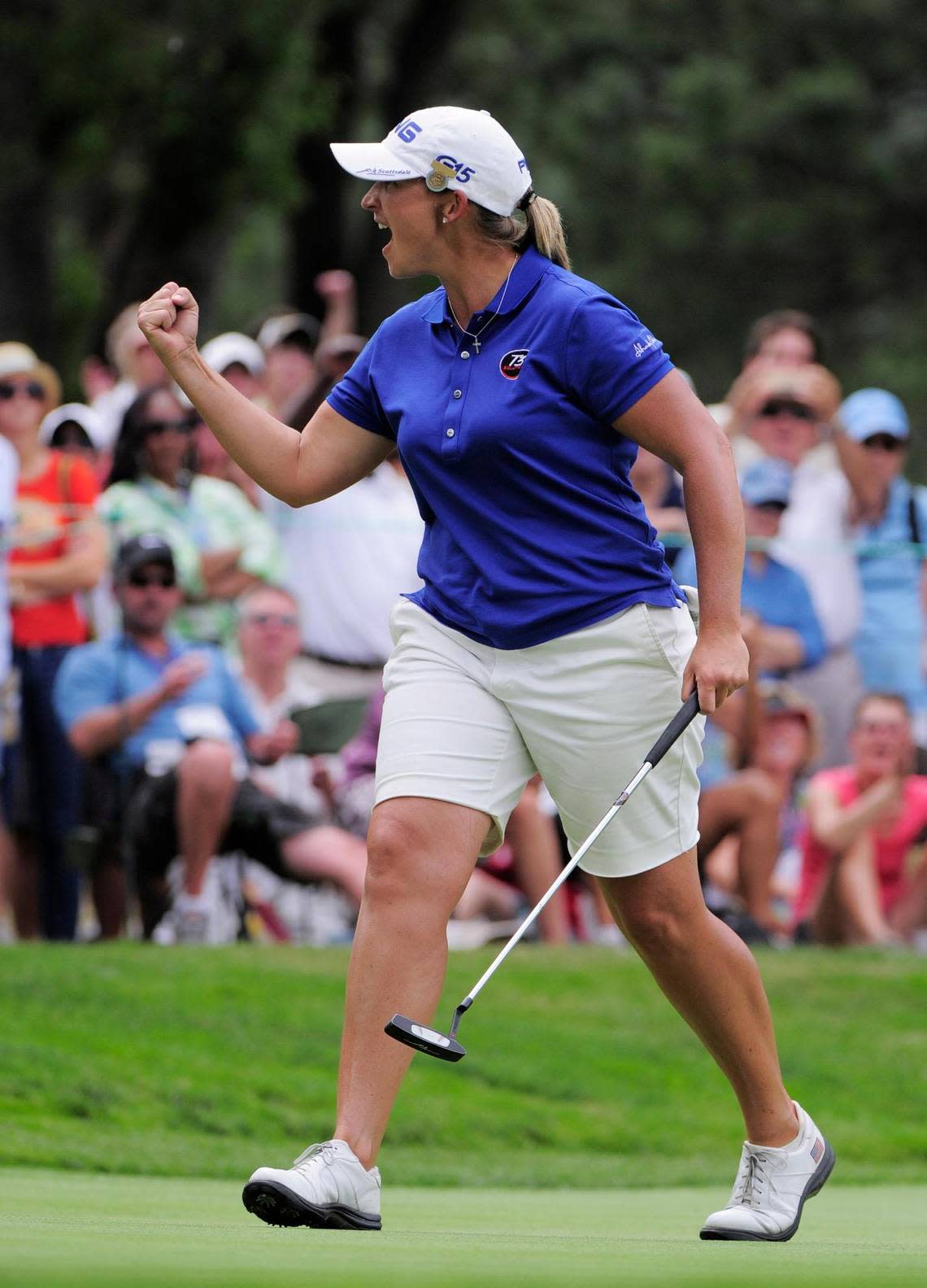 Angela Stanford reacts after she birdies the fifth hole during the fourth round of the Women’s U.S. Open golf tournament in 2011. (AP Photo/Mark J. Terrill)