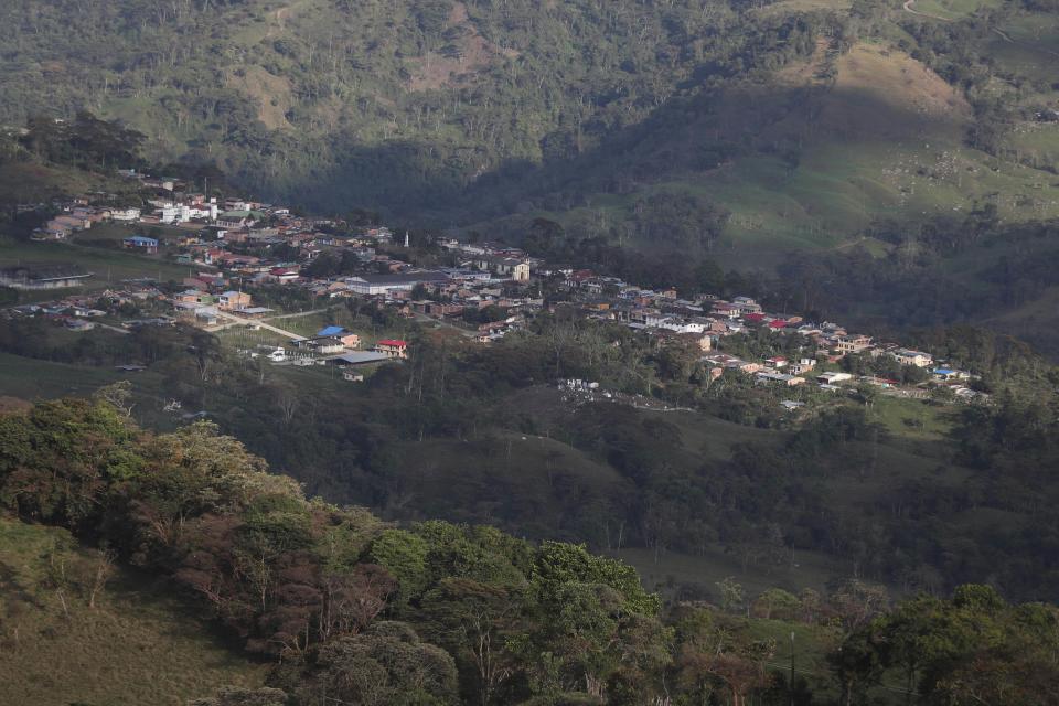 The town of Campohermoso is seen from above in Colombia, Wednesday, March 17, 2021. According to the Health Ministry, Campohermoso is one of two municipalities in Colombia that has not had a single case of COVID-19 since the pandemic started one year ago. (AP Photo/Fernando Vergara)