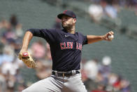 Cleveland Indians' pitcher Sam Hentges throws against the Minnesota Twins during the first inning of a baseball game, Sunday, June 27, 2021, in Minneapolis. (AP Photo/Stacy Bengs)