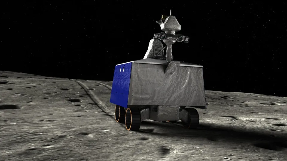  An illustration of the VIPER moon rover (looking like a silvery box with wheels) on the moon. 