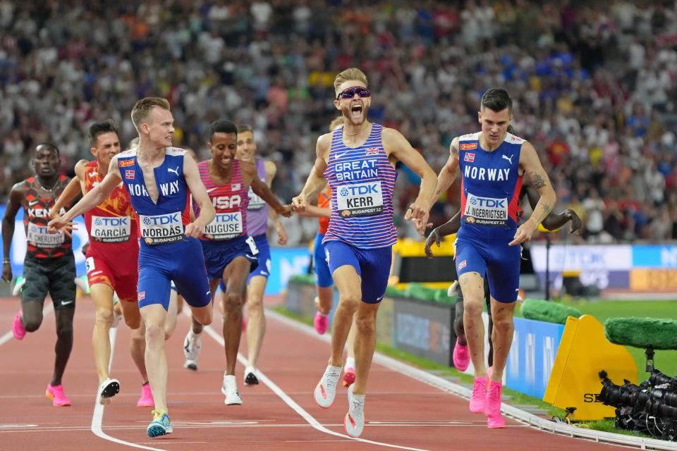 Great Britain's Josh Kerr wins the men's 1,500 meters with a time of 3:29.38 during the 2023 World Athletics Championships at National Athletics Centre.