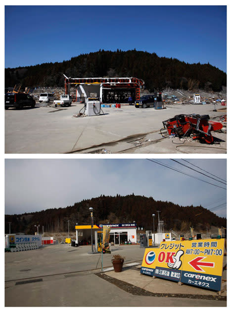 A combination photograph shows the same location in Minamisanriku, Miyagi prefecture on two different dates, April 6, 2011 (top) and February 21, 2012 (bottom). The top photograph shows a petrol station that was damaged by the magnitude 9.0 earthquake and tsunami, the bottom photograph shows the same location almost a year later. REUTERS/Toru Hanai