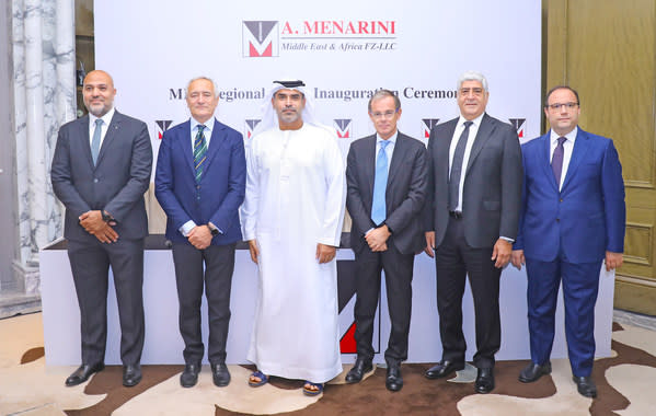 Basel Thaher (Menarini Middle East Regional Head and MEA General Manager), Luca Lastrucci (Menarini Group General Manager), Marwan Abdulaziz Janahi (Managing Director, Dubai Science Park),  Nicola Lener (Ambassador of Italy to the UAE), Ugur Bingol (Menarini META President) and Vito de Bellis (Menarini Africa Regional Head) during the inauguration of the Menarini Regional Headquarters in Dubai