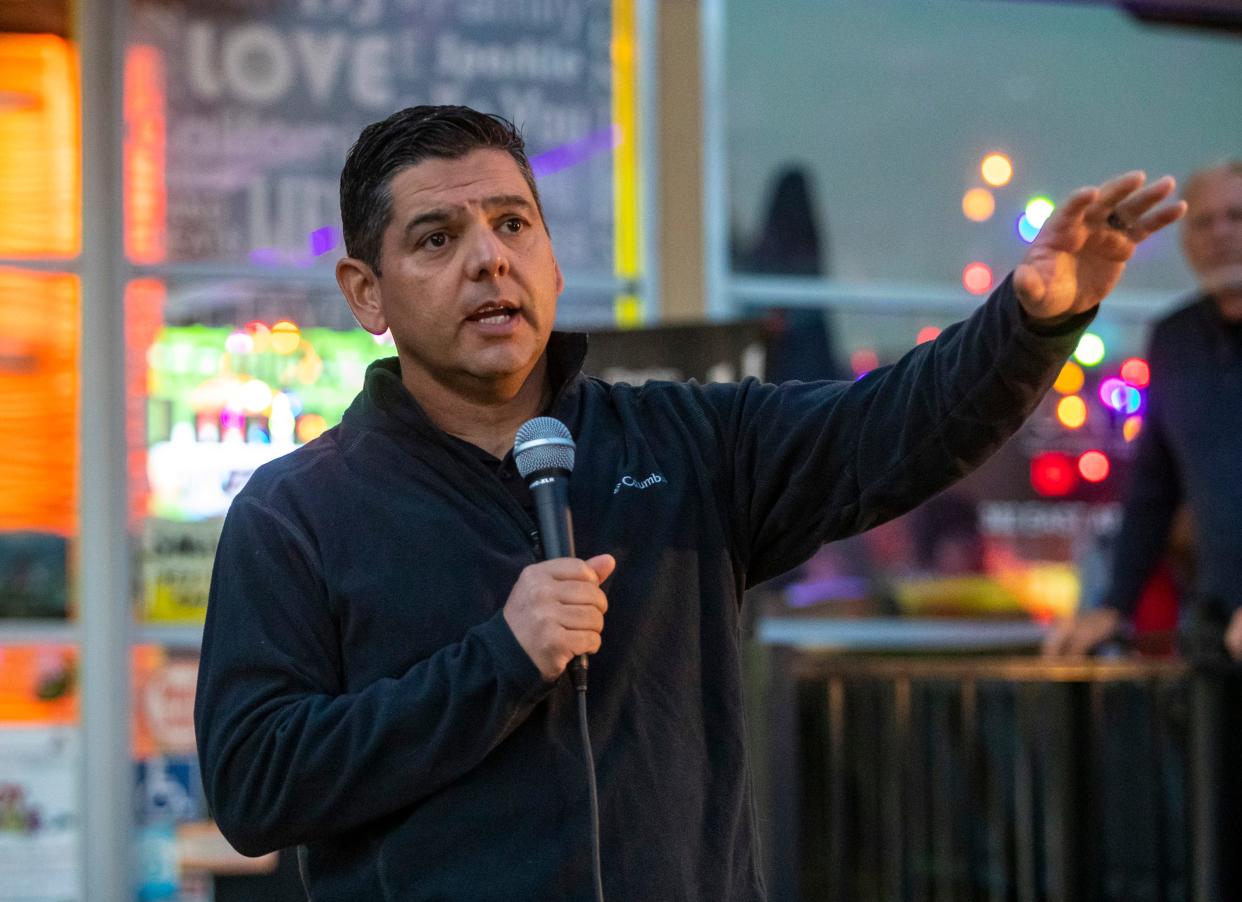 U.S. Rep. Raul Ruiz speaks in response to the Club Q shooting in Colorado Springs during a vigil on Arenas Road in Palm Springs, Calif., Sunday, Nov. 27, 2022. 