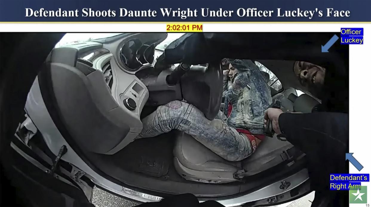 Kim Potter's body-camera video captured the shooting of Daunte Wright. This screengrab includes labels provided by prosecuting attorneys.