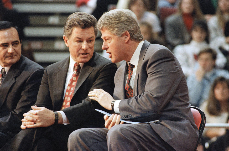 FILE - President Bill Clinton talks with New Jersey Gov. Jim Florio, left, prior to making an address on his national service plan at the Lewis Brown Athletic Center on the campus of Rutgers University in Piscataway, N.J., on Monday, March 1, 1993. Florio, who narrowly lost his re-election bid in 1993 died Sunday, Sept. 25, 2022. He was 85. His law partner Doug Steinhardt and current Gov. Phil Murphy confirmed Florio died in statements on Monday. (AP Photo/Marcy Nighswander, File)