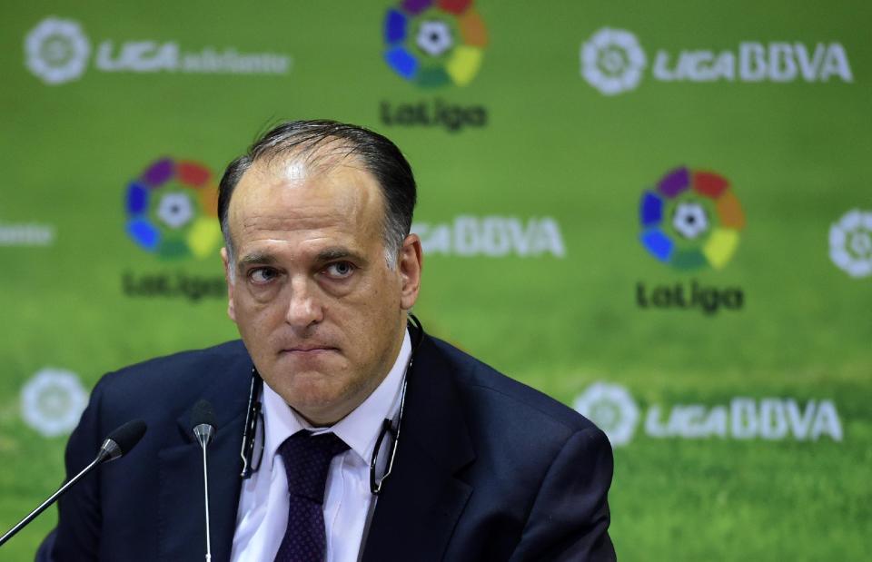 El presidente de la Liga e Fútbol Profesional de España (LFP), Javier Tebas, ofrece una rueda de prensa, el 11 de mayo de 2015 en Madrid (AFP | Gerard Julien)