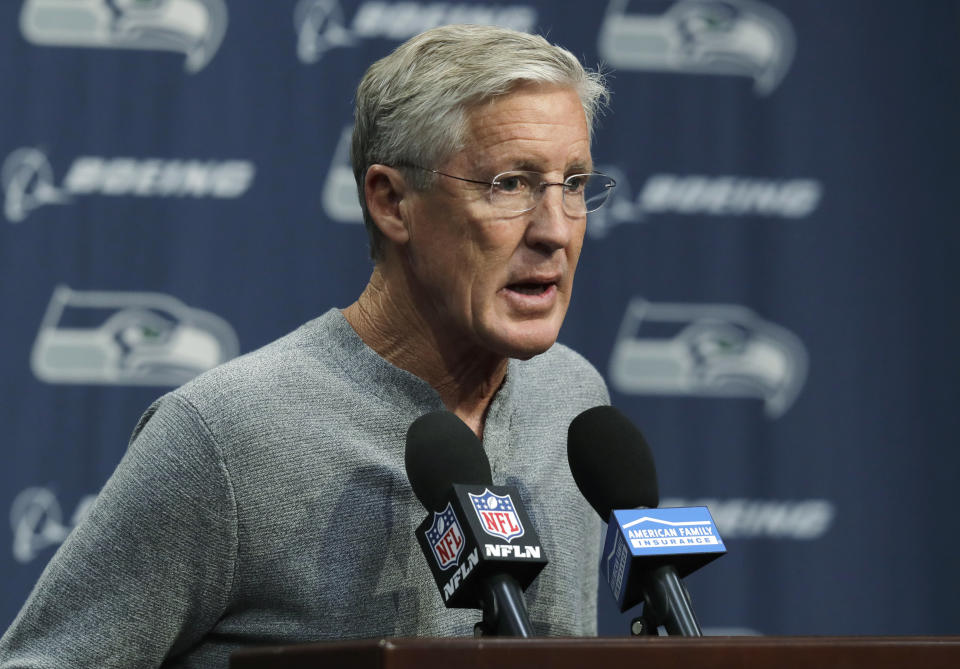 Seattle Seahawks NFL football head coach Pete Carroll talks to reporters Tuesday, Oct. 16, 2018, at Seahawks headquarters in Renton, Wash. Carroll spent most of his weekly press conference talking about team owner Paul Allen, who died Monday, Oct. 15, 2018 in Seattle. (AP Photo/Ted S. Warren)
