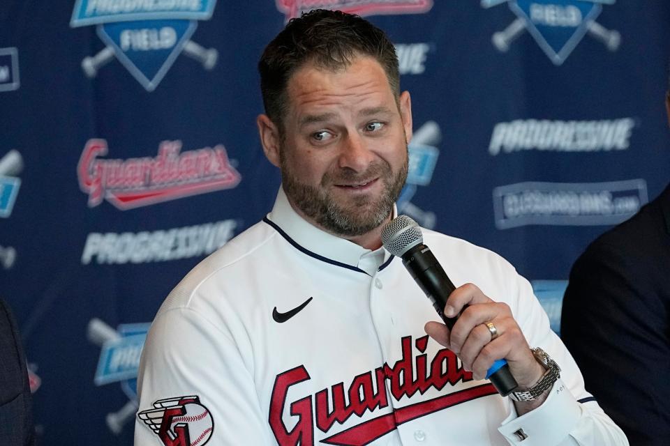 Stephen Vogt speaks after being introduced as the manager of the Cleveland Guardians baseball team at a news conference Friday, Nov. 10, 2023, in Cleveland. (AP Photo/Sue Ogrocki)