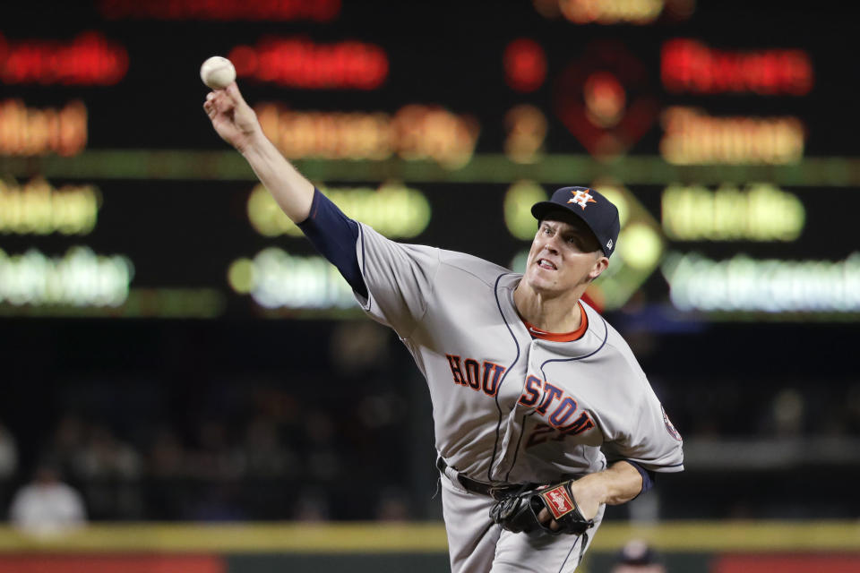 Houston Astros starting pitcher Zack Greinke throws to a Seattle Mariners batter during the fifth inning of a baseball game Wednesday, Sept. 25, 2019, in Seattle. (AP Photo/Elaine Thompson)