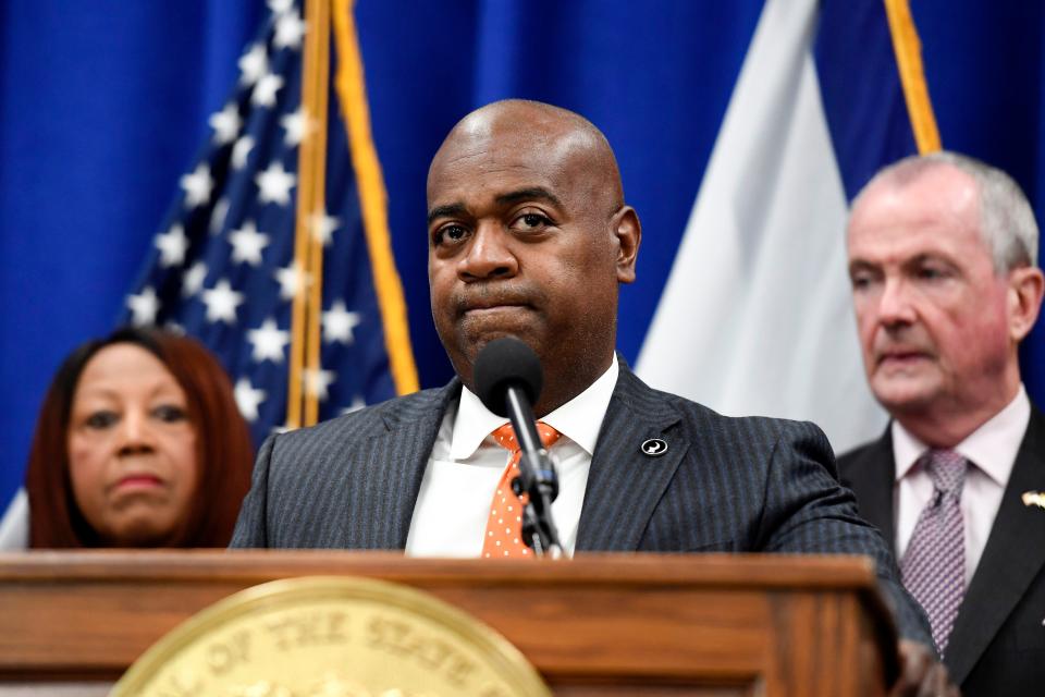 Newark Mayor Ras Baraka, center, speaks during a press conference hosted by New Jersey Governor Phil Murphy, far right, on how the filters are working to clear the lead in Newark's water at City Hall on Monday, Sept. 23, 2019, in Newark.