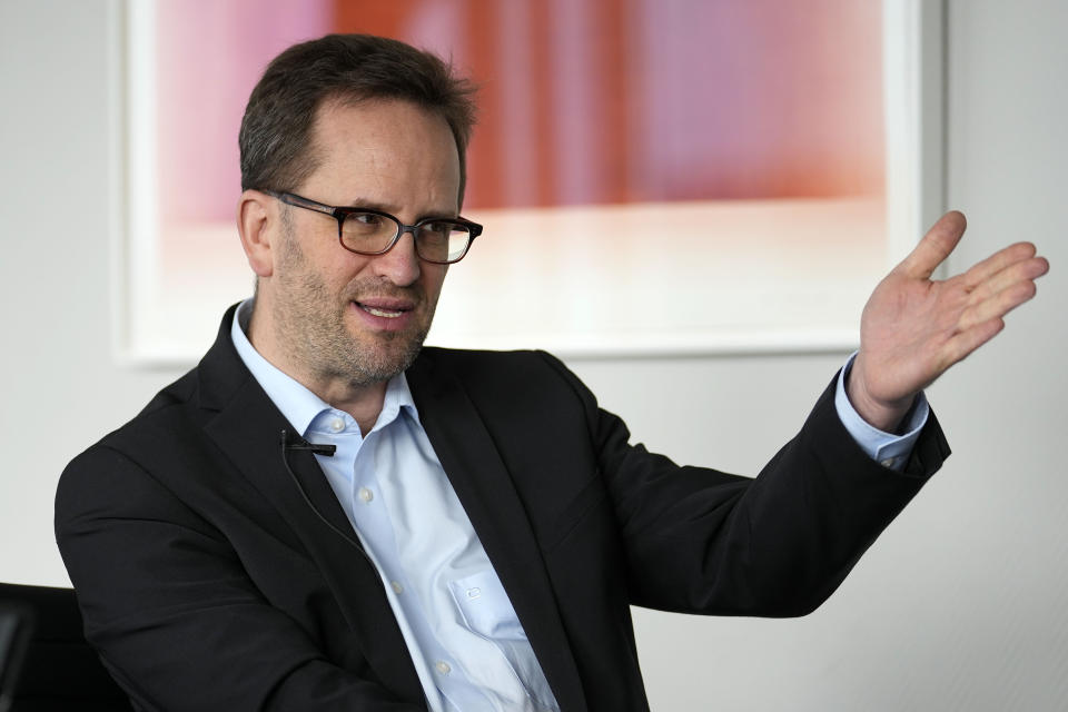 Germany's chief utility regulator, Klaus Mueller speaks during an interview with The Associated Press at the Federal Network Agency in Bonn, Germany, Wednesday, Feb. 22, 2023. Germany's natural gas reserves are abundant, and prices are down. But the country's top utility regulator, Klaus Mueller, says it's too soon to sound the all clear on an energy crisis spawned by the war in Ukraine, which laid bare Europe's dependence on Russian natural gas. (AP Photo/Martin Meissner)