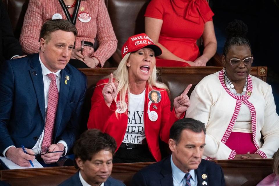 Rep Marjorie Taylor Greene Georgia heckles President Joe Biden SOTU address House Chamber March 2024