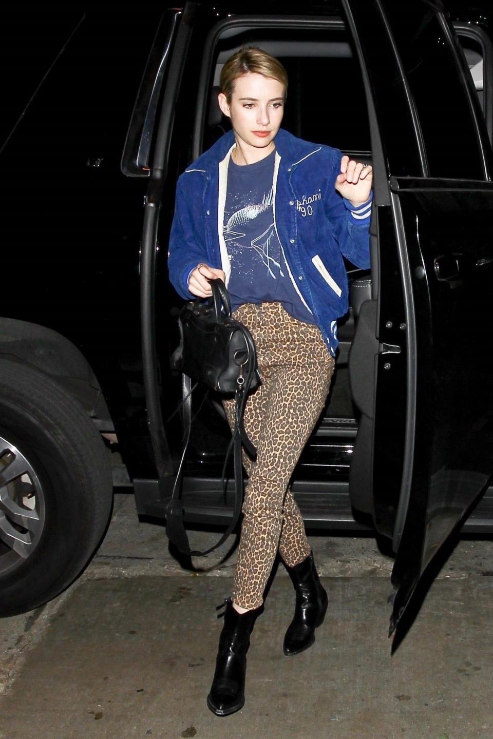 West Hollywood, CA  - Emma Roberts keeps it casual in denim and animal print as she arrives to the Peppermint Club for Dave Chappelle and John Mayer's show.Pictured: Emma RobertsBACKGRID USA 27 DECEMBER 2018 BYLINE MUST READ: HEDO / BACKGRIDUSA: +1 310 798 9111 / usasales@backgrid.comUK: +44 208 344 2007 / uksales@backgrid.comUK Clients - Pictures Containing ChildrenPlease Pixelate Face Prior To Publication
