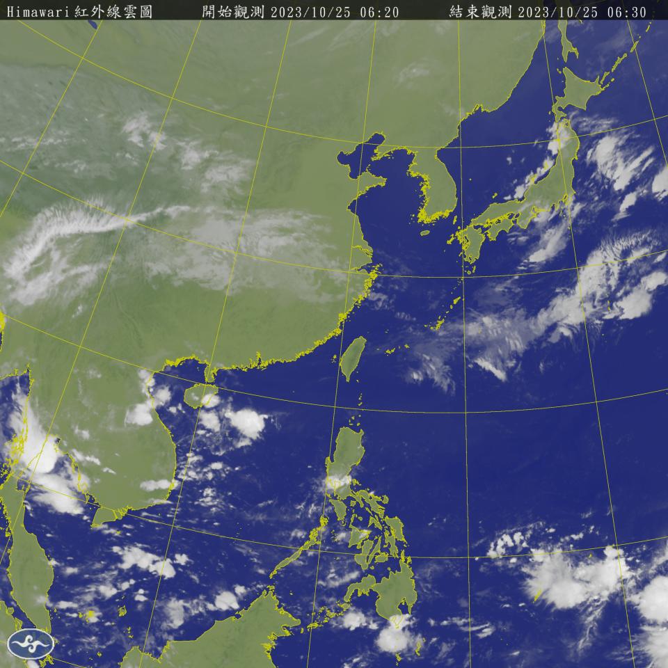 今天各地為多雲到晴，僅基隆北海岸及東半部地區有零星短暫雨，午後中南部山區有局部短暫陣雨。（圖：中央氣象署網站）