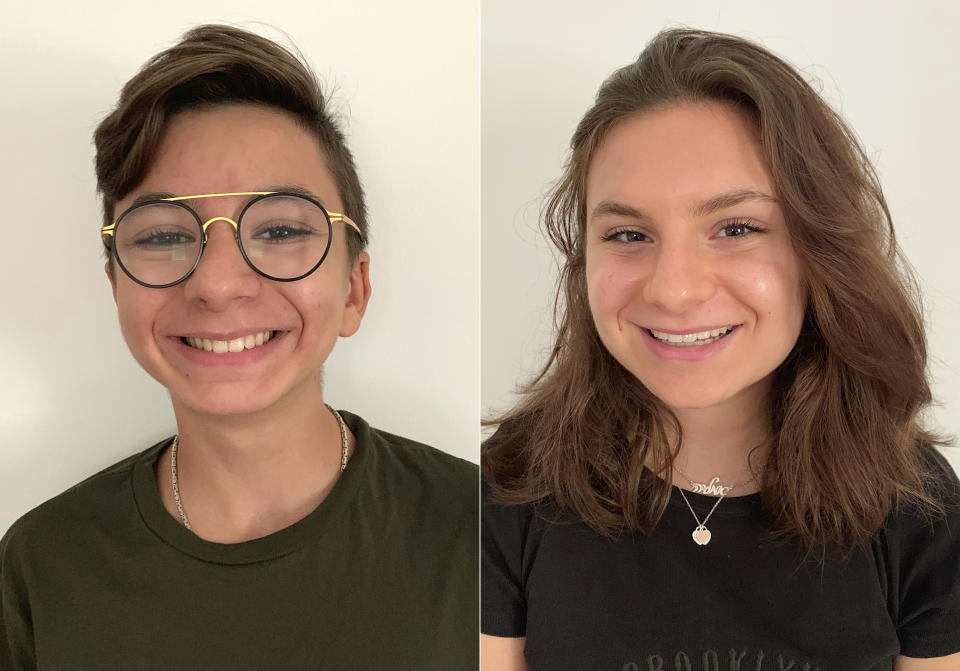 This combination photo of images released by Nataly Blumberg shows her kids Alec Blumberg, left, and his sister Amelia Blumberg in Great Neck, N.Y. Alec is a high school freshman and his sister, Amelia, a high school senior. Their school, for now, decided on full time, at-home learning for all to start in September with a possible staggered approach in person later on, allowing half the students in at a time. (Nataly Blumberg via AP)