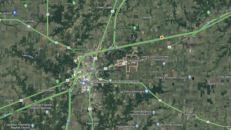 A semitruck carrying anhydrous ammonia overturned causing multiple fatalities about a half-mile east of Teutopolis, Illinois on U.S. Highway 40 on Sept. 29, 2023. (Google Maps)