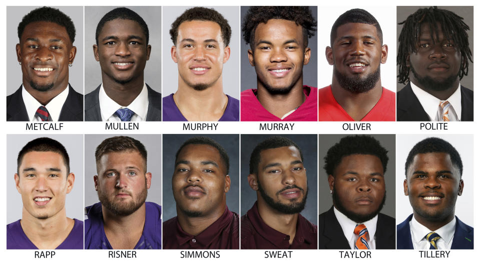 These photos provided by their respective schools shows prospects in the 2019 NFL Draft. Top row from left are: DK Metcalf, Mississippi; Trayvon Mullen, Clemson; Byron Murphy, Washington; Kyler Murray, Oklahoma; Ed Oliver, Houston and Jachai Polite, Florida. Bottom row from left are: Taylor Rapp, Washington; Dalton Risner, Kansas State; Jeffery Simmons, Mississippi State; Montez Sweat, Mississippi State; Jawaan Taylor, Florida and Jerry Tillery, Notre Dame. (AP Photo)