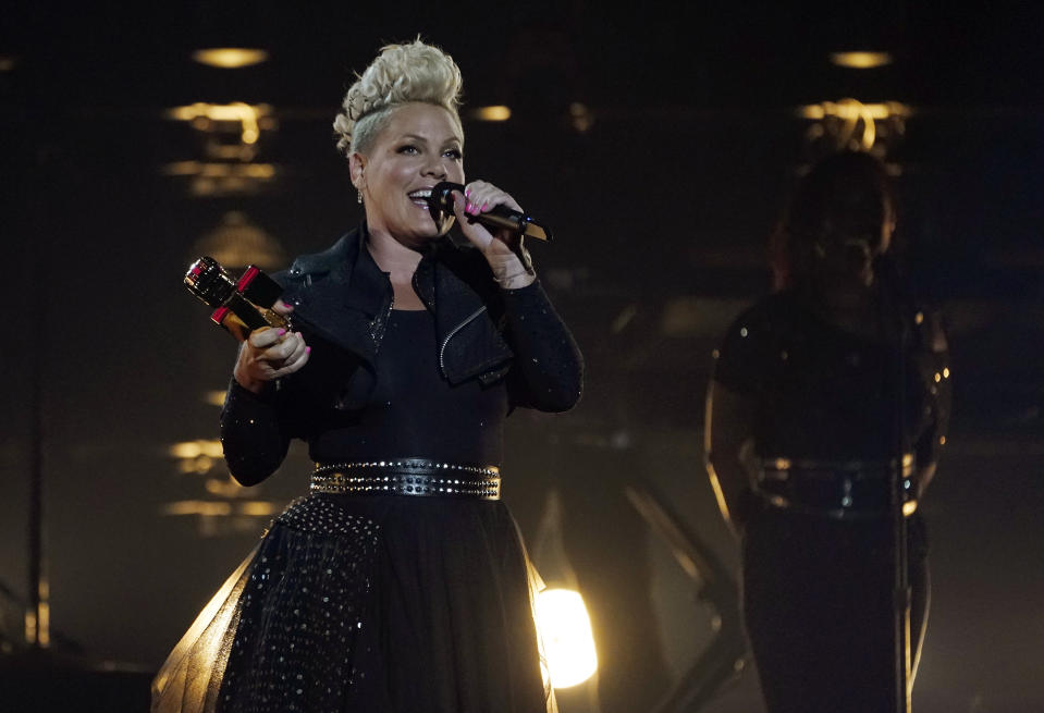 Pink accepts the Icon award at the Billboard Music Awards, Friday, May 21, 2021, at the Microsoft Theater in Los Angeles. The awards show airs on May 23 with both live and prerecorded segments. (AP Photo/Chris Pizzello)