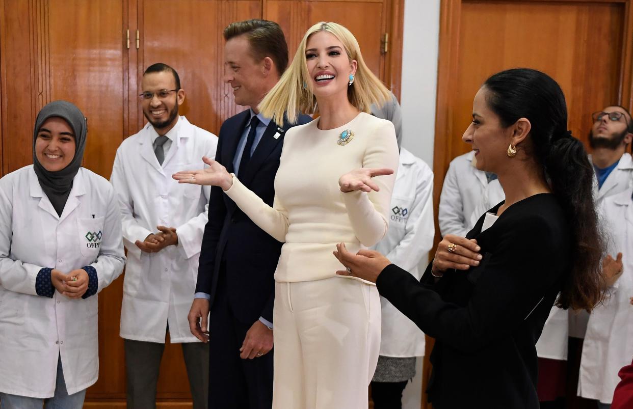 Ivanka Trump (2-R), daughter and advisor of US President Donald Trump, accompanied by Sean Cairncross (C), CEO of the Millennium Challenge Corporation,  tours ISMALA, a Moroccan institute specialising in aeronautic industries and civil aviation logistics in the port city of Casablanca on November 8, 2019. (Photo by FADEL SENNA / AFP) (Photo by FADEL SENNA/AFP via Getty Images)