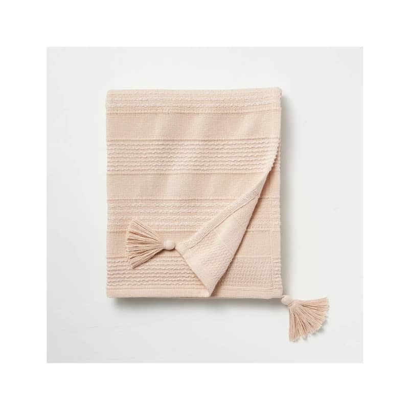 Textured Stripe Dobby Throw Blanket with Corner Tassels in Blush