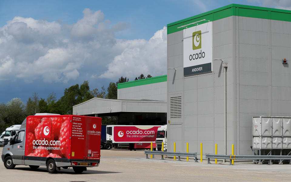 A delivery van leaves the dispatch area of the Ocado CFC (Customer Fulfilment Centre) in Andover, Britain May 1, 2018. Picture taken May 1, 2018.  REUTERS/Peter Nicholls