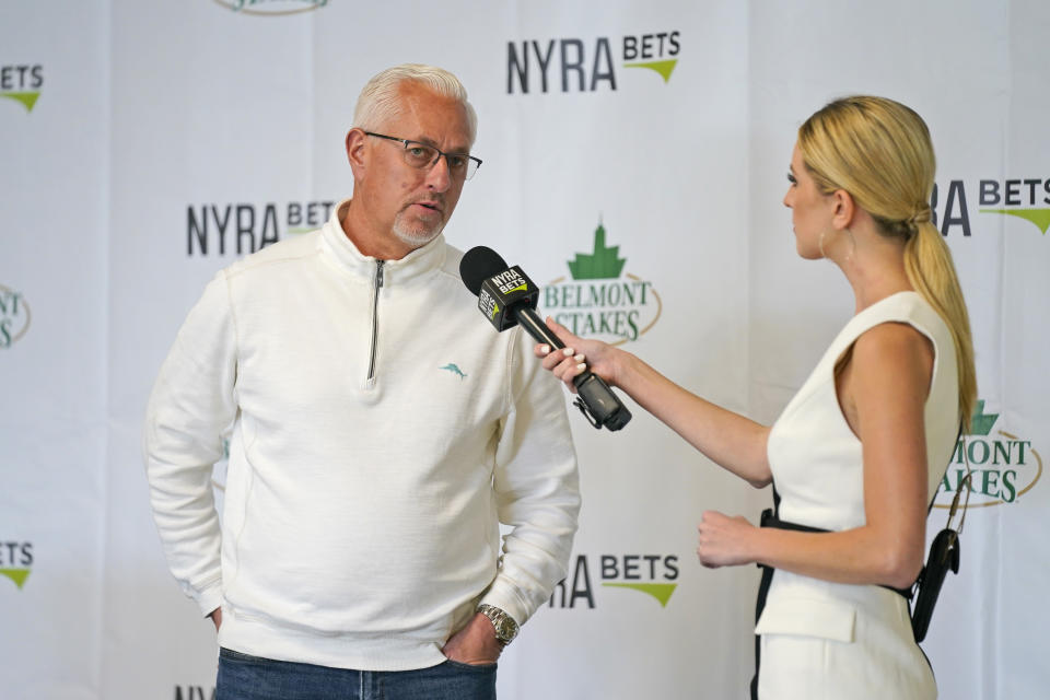 Trainer Todd Pletcher is interviewed after the post-position draw for the 153rd running of the Belmont Stakes horse race at Belmont Park in Elmont, N.Y., Tuesday, June 1, 2021. Essential Quality was set as a 2-1 favorite for the Belmont Stakes, which will be run without a horse from trainer Bob Baffert pending an investigation into Medina Spirit's failed drug test after winning the Kentucky Derby. (AP Photo/Seth Wenig)