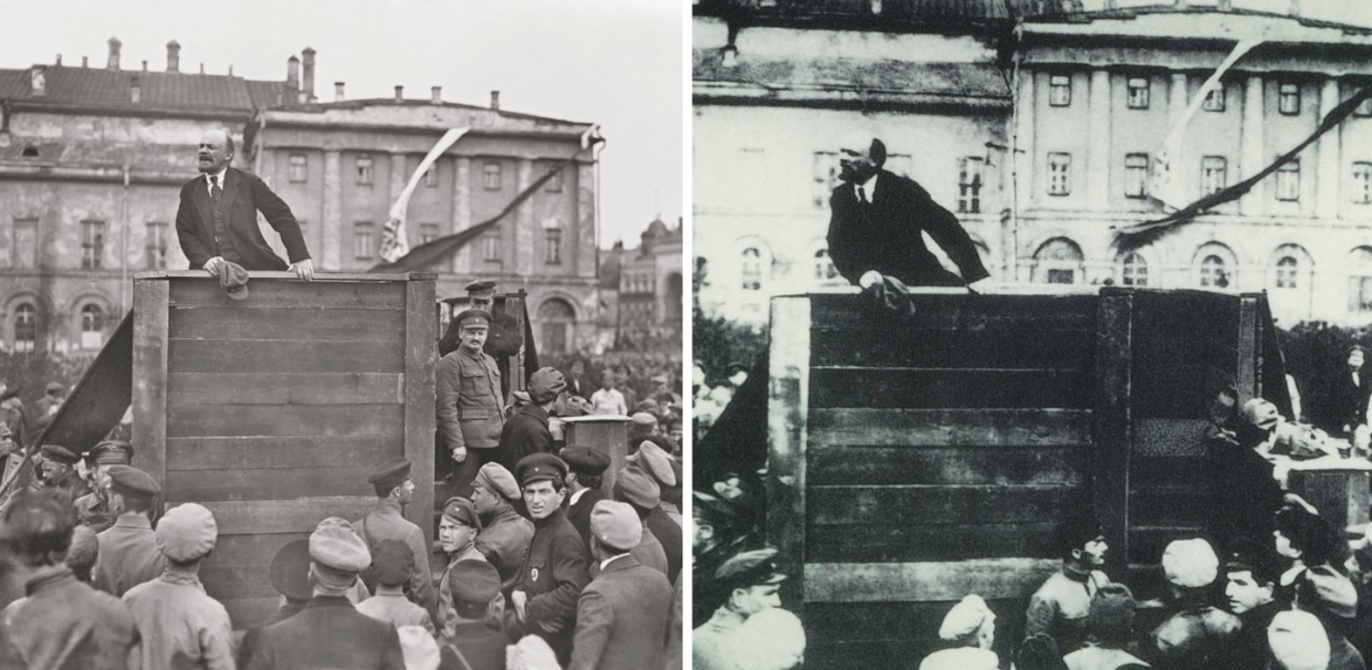 <span class="caption">A la izquierda, Lenin arengando a las tropas que partían hacia el frente polaco. Parados en unos escalones están Trotski y Kámenev. La fotografía, una de muchas de esta escena, fue tomada por G.P. Goldstein. En el retoque posterior, la imagen de la derecha, Trotsky y Kámenev son sustituidos por peldaños de madera.</span> <span class="attribution"><a class="link " href="https://commons.wikimedia.org/wiki/File:After_Lenin_Speech_1920.jpg" rel="nofollow noopener" target="_blank" data-ylk="slk:Wikimedia Commons;elm:context_link;itc:0;sec:content-canvas">Wikimedia Commons</a></span>