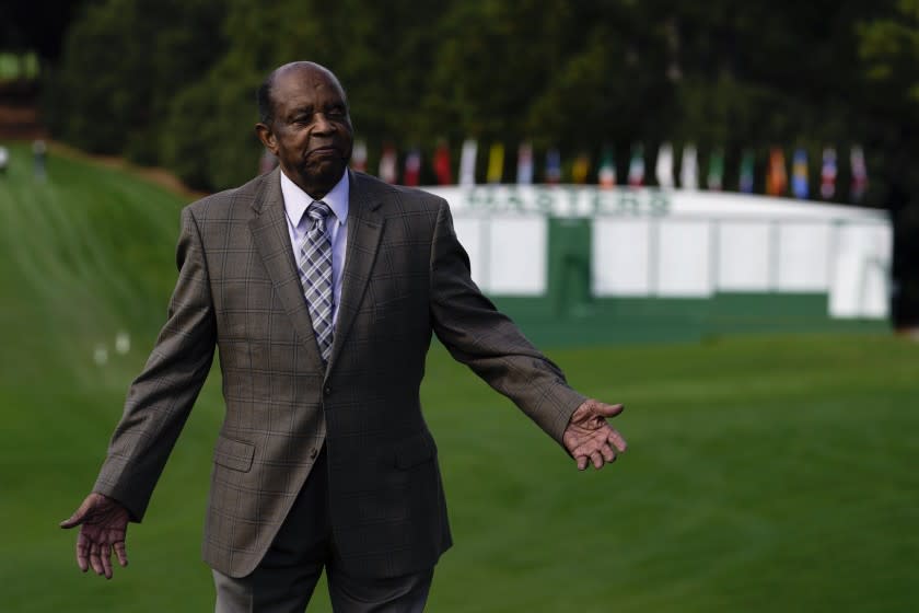 Lee Elder poses for a picture at the Masters golf tournament Monday, Nov. 9, 2020, in Augusta, Ga.