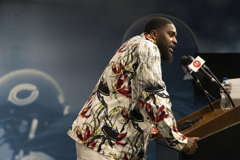 Chicago Bears NFL football cornerback Jaylon Johnson speaks with the media at Halas Hall in Lake Forest, Ill., Monday, March 11, 2024. The Chicago Bears' fifth-year cornerback signed a four-year contract extension last week for a reported $76 million, and on Monday revealed he regarded it as a personal triumph not merely because it confirmed his football abilities. (Stacey Wescott/Chicago Tribune via AP)