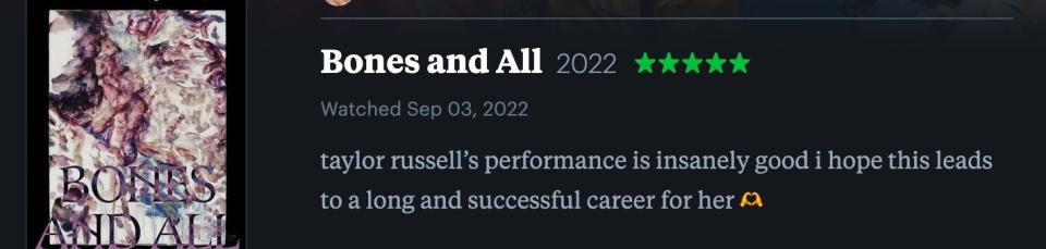 5 star Letterboxd review for "Bones And All"