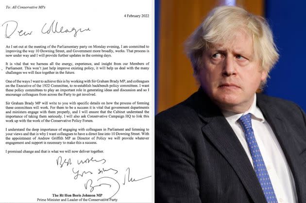 Boris Johnson's letter to Tory MPs this afternoon (Photo: HuffPost UK)