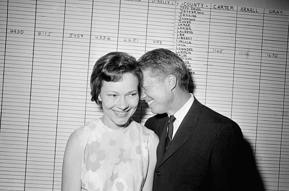 FILE - In this Sept. 15, 1966 file photo, then Georgia State Sen. Jimmy Carter hugs his wife, Rosalynn, at his Atlanta campaign headquarters. Jimmy Carter and his wife Rosalynn celebrate their 75th anniversary this week on Thursday, July 7, 2021. (AP Photo/File)