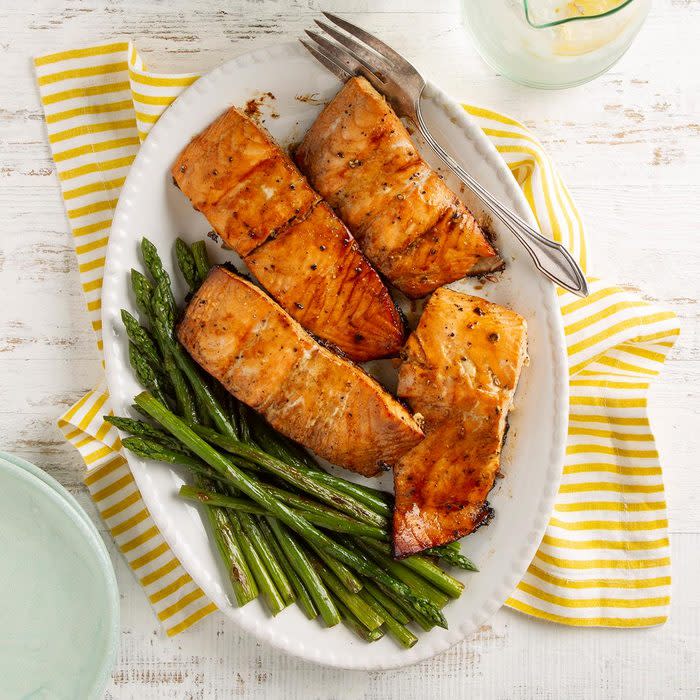 <a href="https://www.tasteofhome.com/recipes/bourbon-glazed-salmon/" rel="nofollow noopener" target="_blank" data-ylk="slk:Bourbon-Glazed Salmon from Trisha Kruse;elm:context_link;itc:0;sec:content-canvas" class="link rapid-noclick-resp">Bourbon-Glazed Salmon from Trisha Kruse</a>