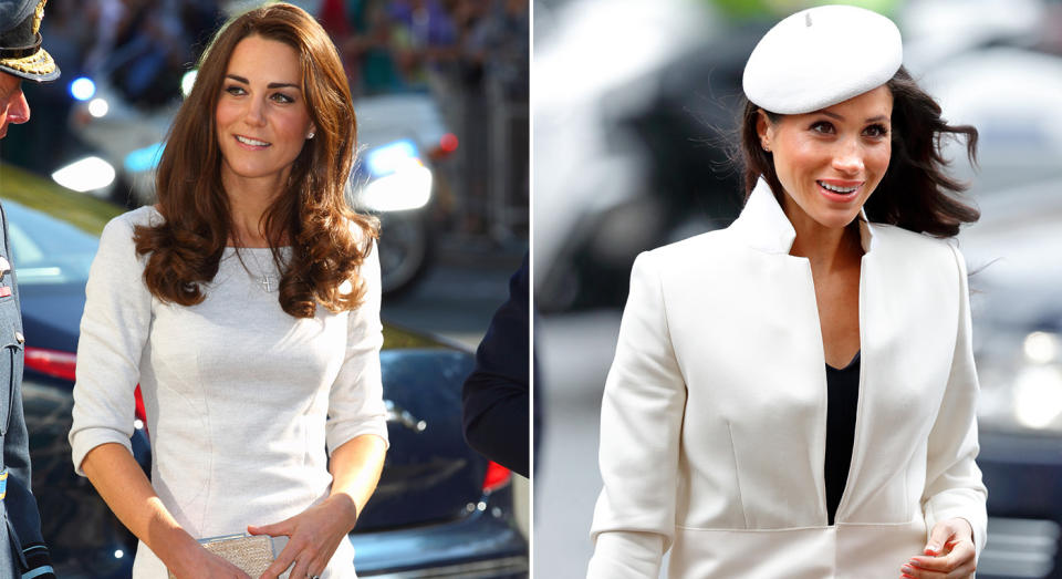 Kate, Princess of Wales (L) in 2011, and Meghan, Duchess of Sussex (R) in 2018, both wearing Amanda Wakeley. (Getty Images)