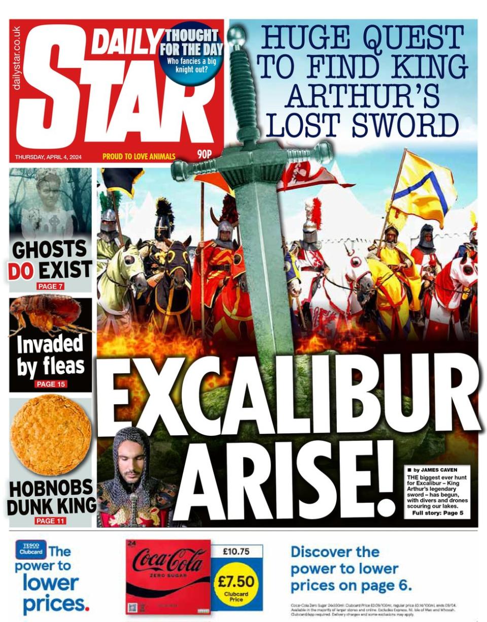 The Daily Star front page. The headline reads: Huge quest to find King Arthur’s lost sword