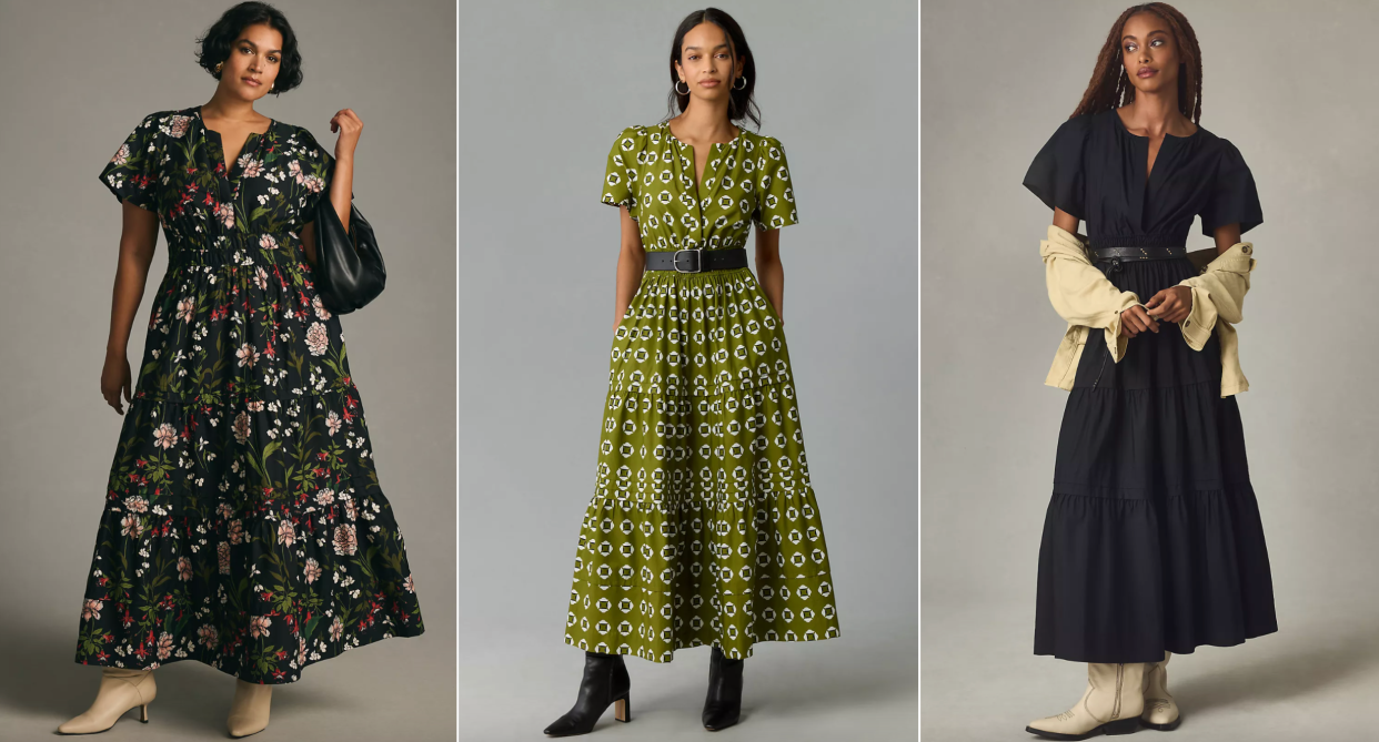 anthropologie models wearing the somerset maxi dress in black and pink flora, green geometric print and black, Anthropologie's Somerset Maxi Dress is perfect for fall (Photos via Anthropologie)