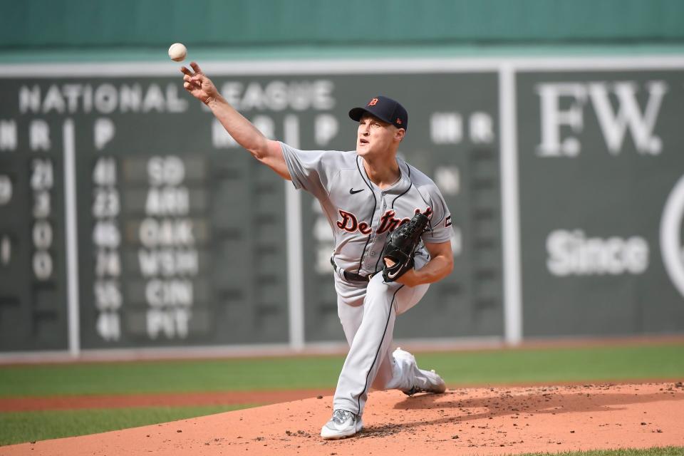 Detroit Tigers starting pitcher Matt Manning (25) pitches during the first inning against the Boston Red Sox at Fenway Park in Boston on Saturday, Aug. 12, 2023.