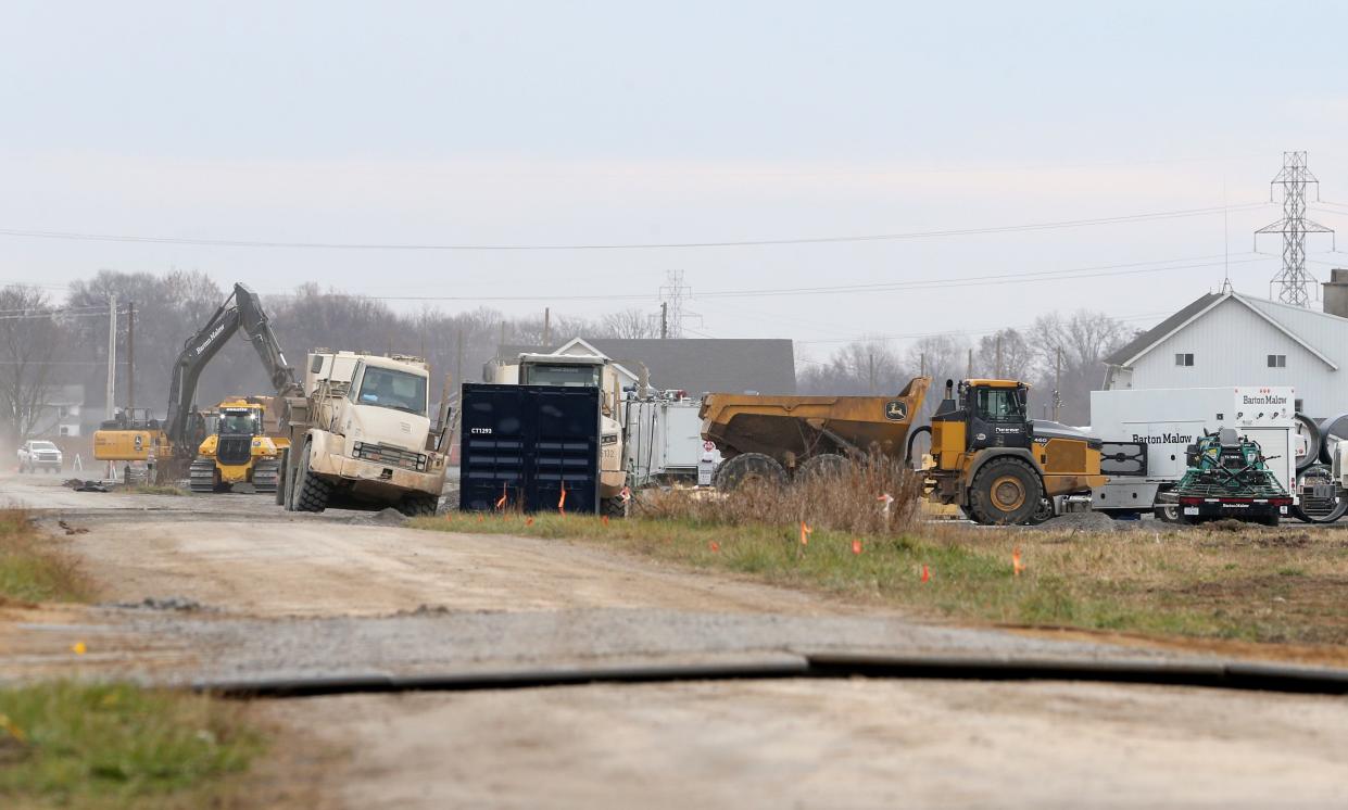 Crews work to prepare the site along Fillmore Road for the EV battery plant expected to be built near New Carlisle.