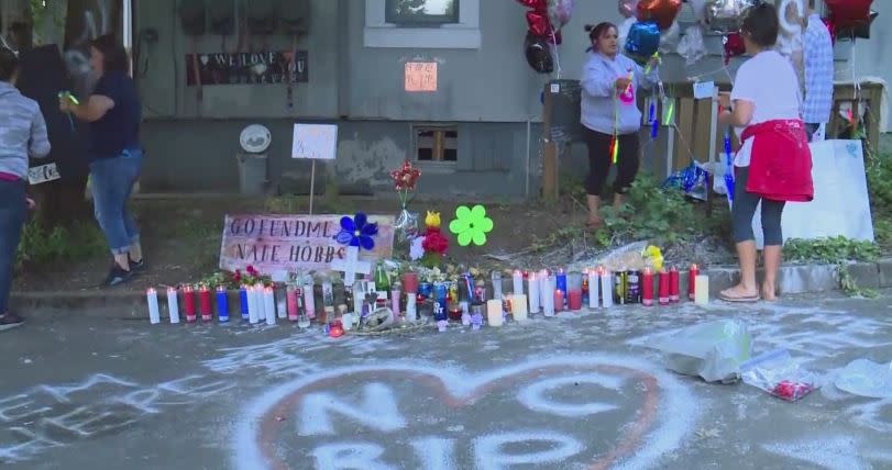 A vigil for Cassy Leaton and Najaf “Nate” Hobbs was held in Northeast Portland on June 27, 2020. (KOIN)