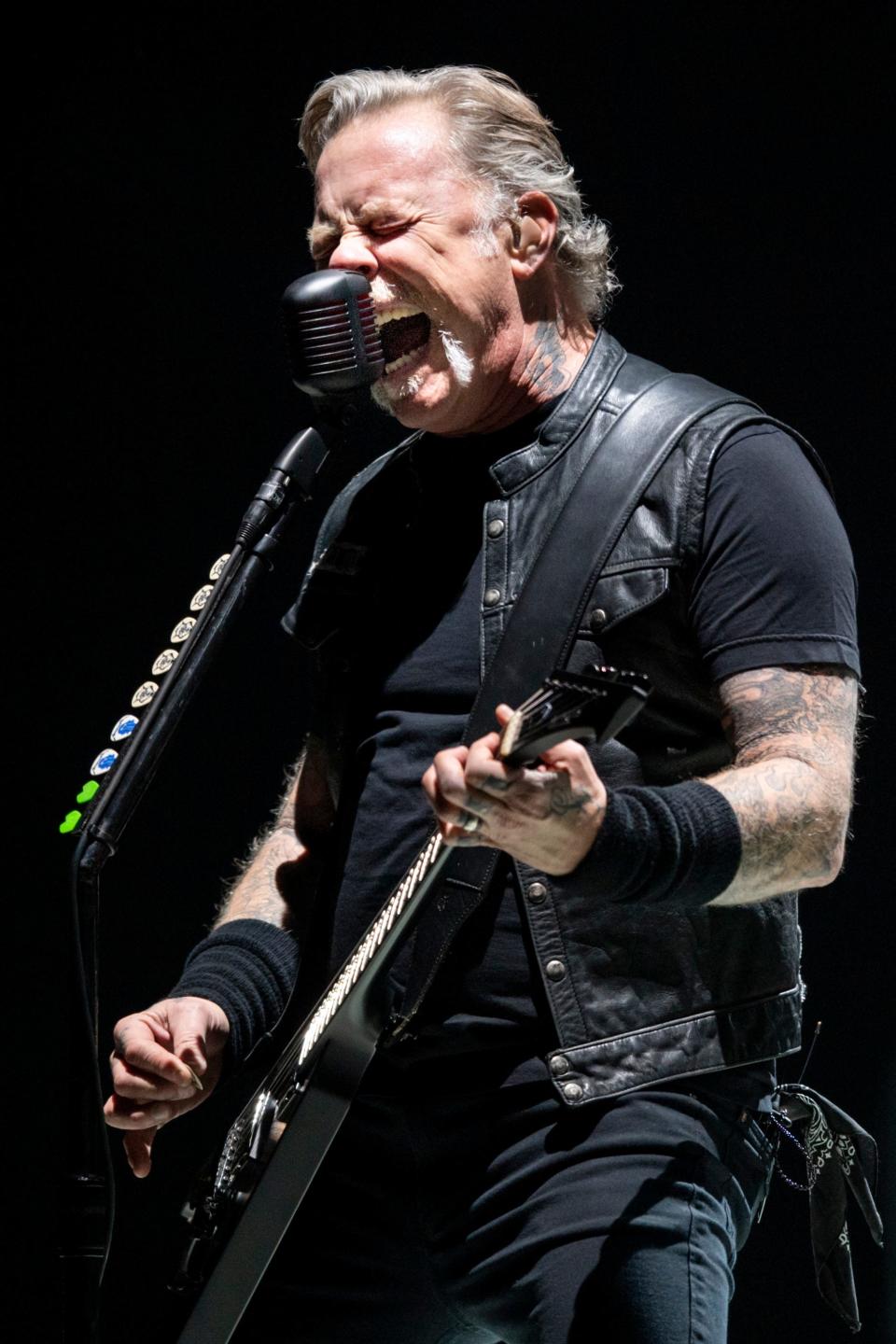 Metalica vocalist/guitarist James Hetfield performs during the WorldWired Tour at Bridgestone Arena in Nashville, Tenn., Thursday, Jan. 24, 2019.
