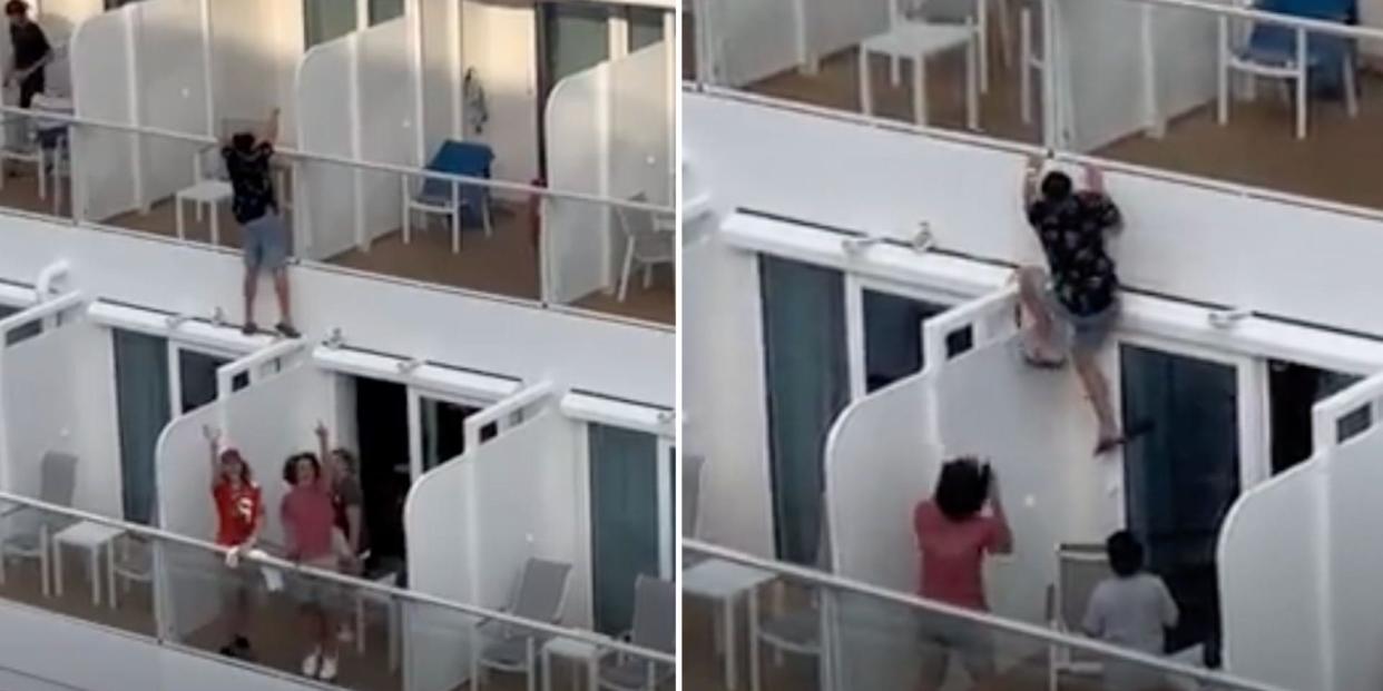 Side-by-side screenshots from the video showing a passenger climbing in between balconies on a Carnival cruise ship while a small group of people cheer him on.