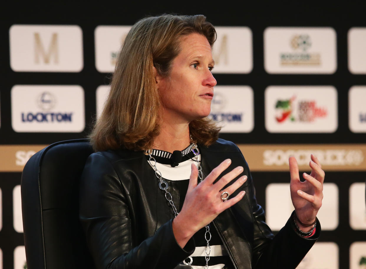 Kathy Carter speaks at the Soccerex Global Convention in 2016 in Manchester. (Getty)