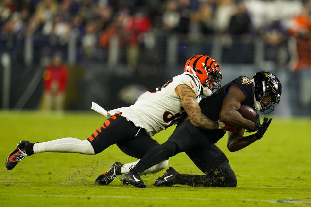 a NFL football game, Sunday, Oct. 9, 2022, in Baltimore. (AP Photo