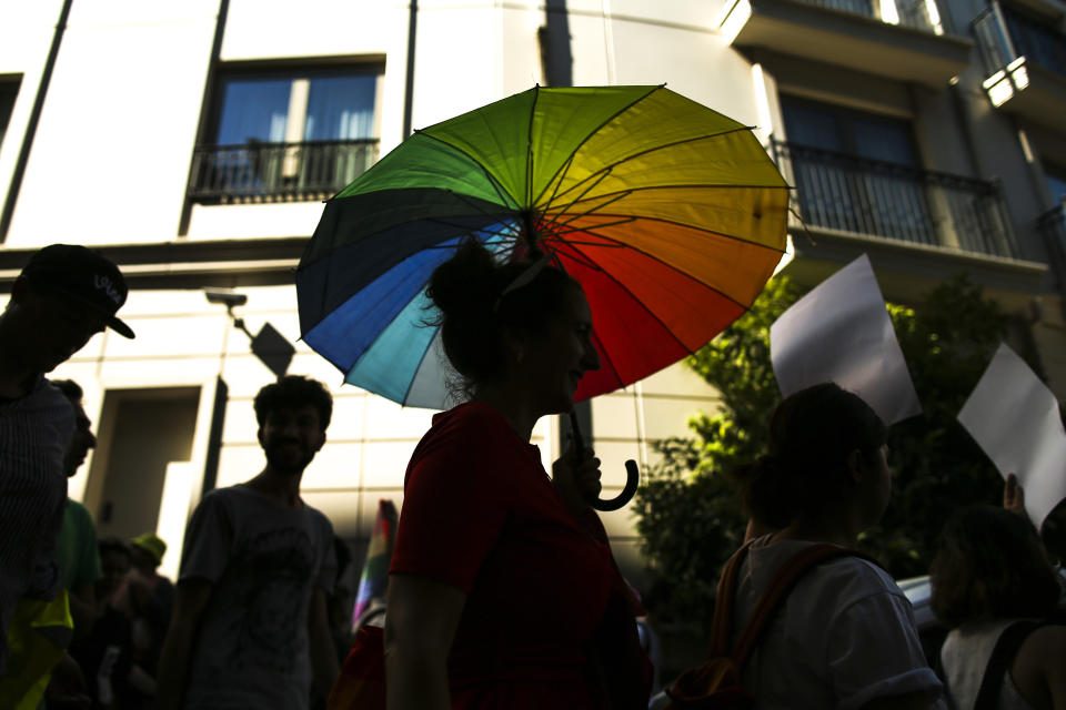 People march during the LGBTQ Pride March in Istanbul, Turkey, Sunday, June 26, 2022. Dozens of people were detained in central Istanbul Sunday after city authorities banned a LGBTQ Pride March, organisers said. (AP Photo/Emrah Gurel)