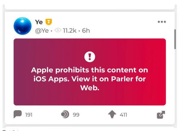 Parler blocks out Apple app Ye post. (Photo: Screen Shot/Ye post/Parler Apple app)